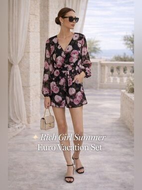 BCBGeneration Black Pink Floral Romper ✨ Cold Shoulder Sheer Sleeve Date Night